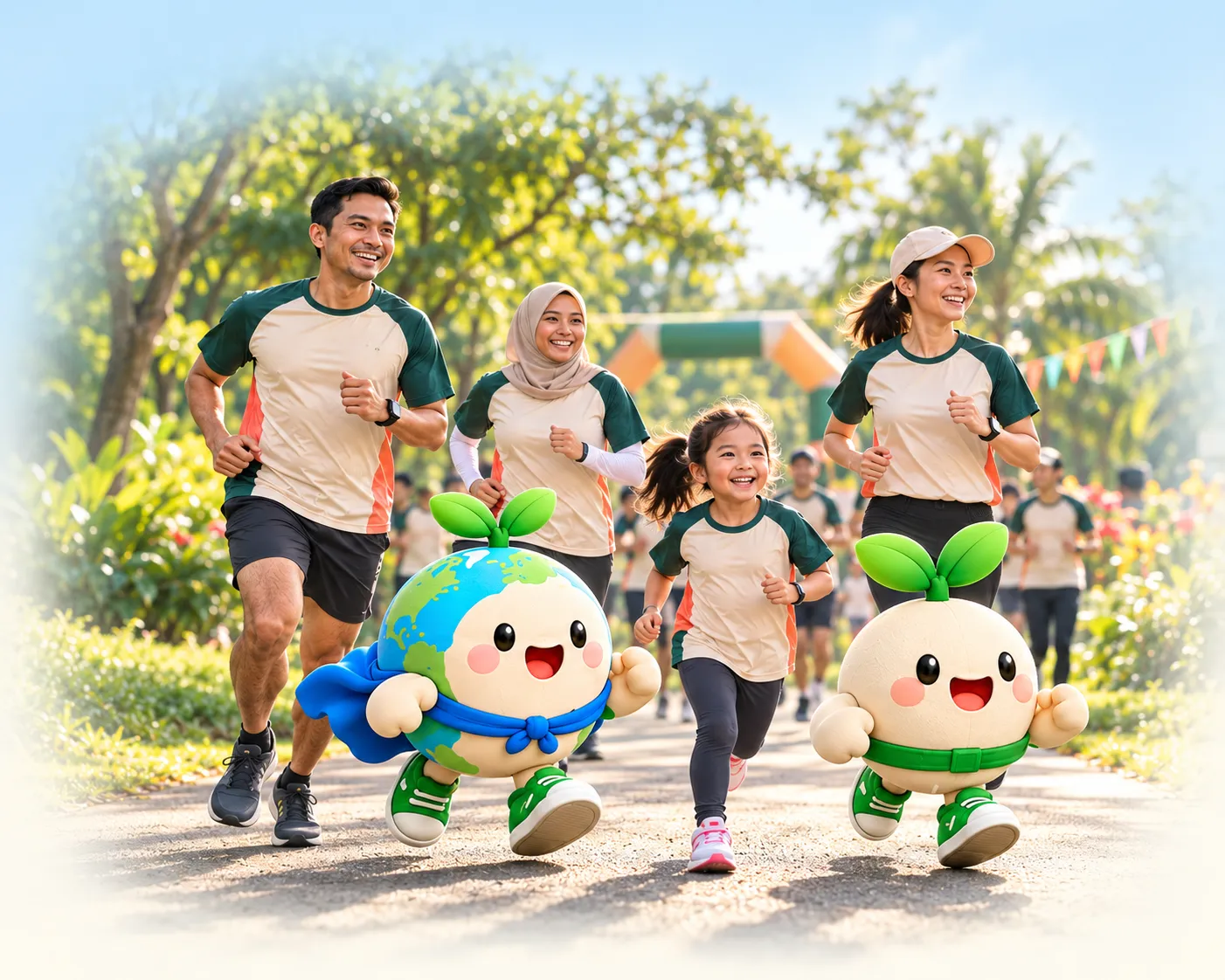 A family running through the park with Earth Hero and LittleSprout